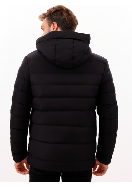 Erkek Siyah Kapüşonlu Içi Polarlı Su Geçirmez Rüzgara Dayanıklı Şişme Mont & Kaban & Parka