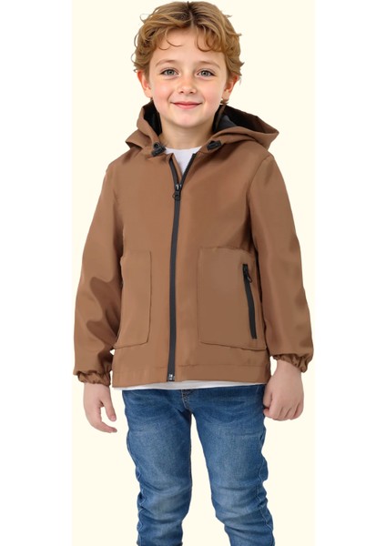 Spor Erkek Çocuk Mürdüm Içi Astarlı Su ve Rüzgar Geçirmez Kapüşonlu Çift Fermuarlı Cepli Yağmurluk