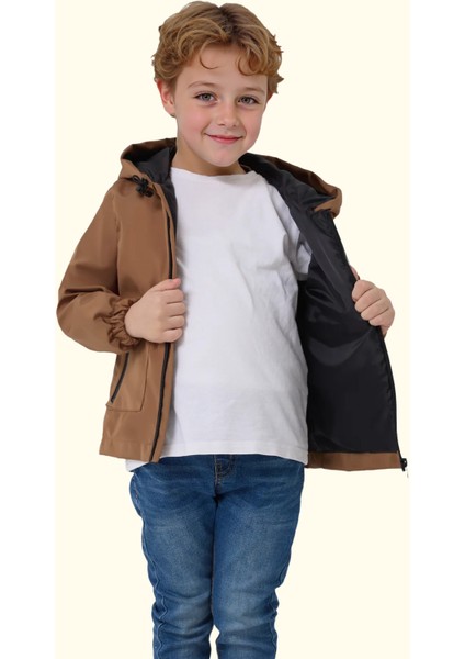 Spor Erkek Çocuk Mürdüm Içi Astarlı Su ve Rüzgar Geçirmez Kapüşonlu Çift Fermuarlı Cepli Yağmurluk