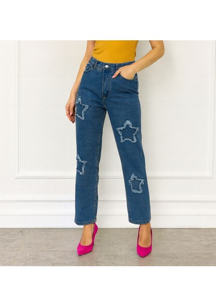 -Wide Leg Likralı Yıldız Nakışlı Kot Pantolon