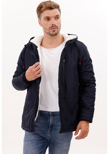Erkek Lacivert Kürklü Su ve Rüzgar Geçirmez Kapüşonlu Kışlık Mont & Kaban & Parka FMM-100