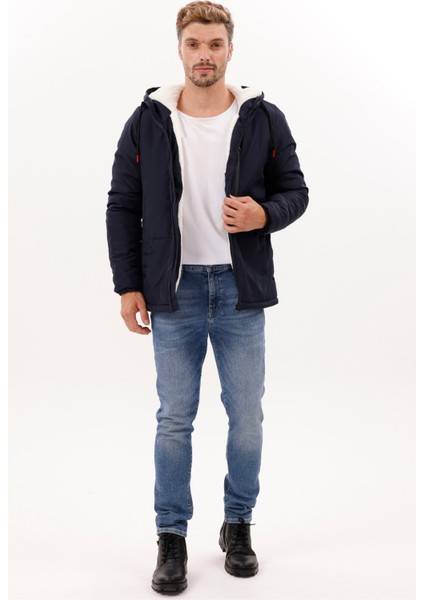 Erkek Lacivert Kürklü Su ve Rüzgar Geçirmez Kapüşonlu Kışlık Mont & Kaban & Parka FMM-100