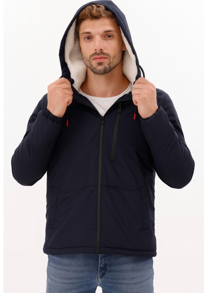 Erkek Lacivert Kürklü Su ve Rüzgar Geçirmez Kapüşonlu Kışlık Mont & Kaban & Parka FMM-100