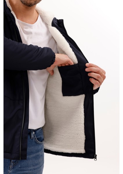 Erkek Lacivert Kürklü Su ve Rüzgar Geçirmez Kapüşonlu Kışlık Mont & Kaban & Parka FMM-100