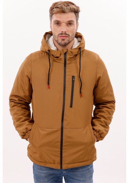 Erkek Taba Kürklü Su ve Rüzgar Geçirmez Kapüşonlu Kışlık Mont & Kaban & Parka FMM-100