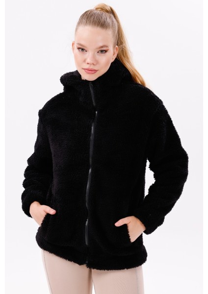Kadın Siyah Peluş Rüzgar Geçirmez Welsoft Çift Kapüşonlu Kışlık Mont Fmkap-15 Peluş