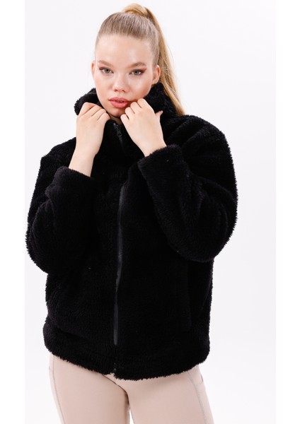 Kadın Siyah Peluş Rüzgar Geçirmez Welsoft Çift Kapüşonlu Kışlık Mont Fmkap-15 Peluş