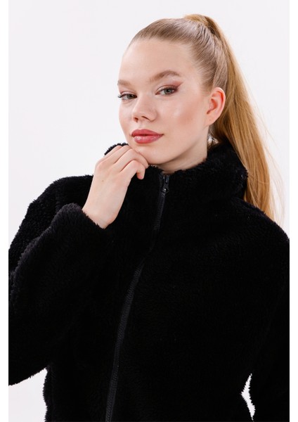 Kadın Siyah Peluş Rüzgar Geçirmez Welsoft Çift Kapüşonlu Kışlık Mont Fmkap-15 Peluş