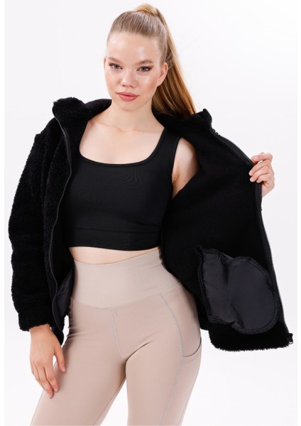 Kadın Siyah Peluş Rüzgar Geçirmez Welsoft Çift Kapüşonlu Kışlık Mont Fmkap-15 Peluş