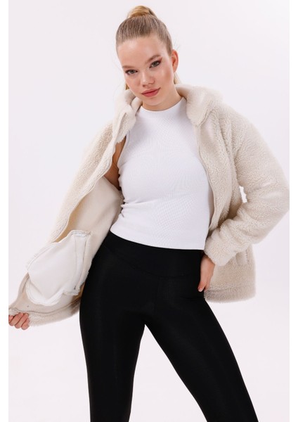 Kadın Ekru Peluş Rüzgar Geçirmez Welsoft Çift Kapüşonlu Kışlık Mont Fmkap-15 Peluş