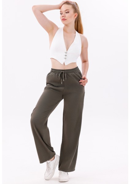 Kadın Yüksek Bel Gabardin-Keten Dokulu Pantolon – Nefes Alabilir Kumaş, 4 Mevsim