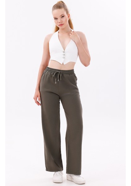 Kadın Yüksek Bel Gabardin-Keten Dokulu Pantolon – Nefes Alabilir Kumaş, 4 Mevsim