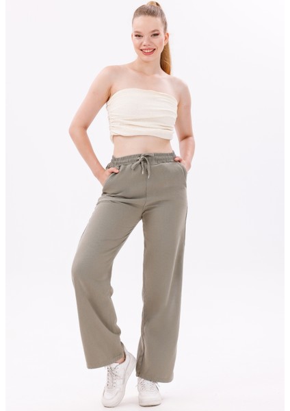 Kadın Yüksek Bel Gabardin-Keten Dokulu Pantolon – Nefes Alabilir Kumaş, 4 Mevsim