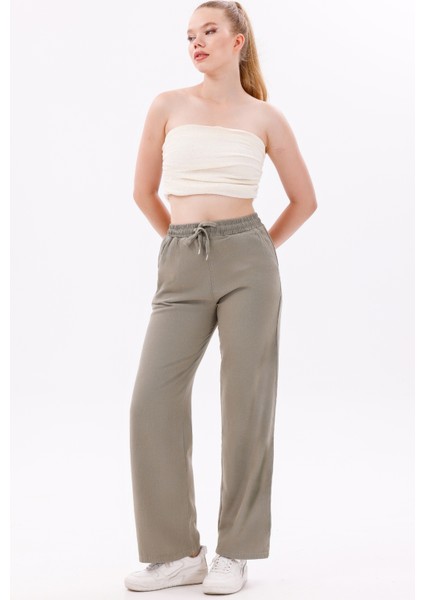 Kadın Yüksek Bel Gabardin-Keten Dokulu Pantolon – Nefes Alabilir Kumaş, 4 Mevsim