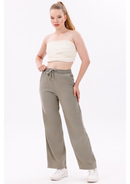 Kadın Yüksek Bel Gabardin-Keten Dokulu Pantolon – Nefes Alabilir Kumaş, 4 Mevsim
