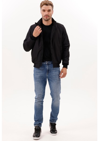 Erkek Siyah Astarlı Dik Yaka Mevsimlik Su ve Rüzgar Geçirmez Mont FM-505