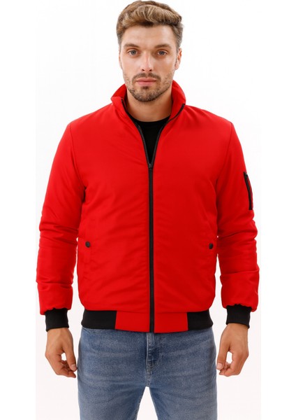 Erkek Kırmızı Astarlı Dik Yaka Mevsimlik Su ve Rüzgar Geçirmez Mont FM-505