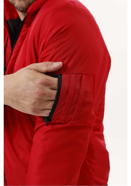 Erkek Kırmızı Astarlı Dik Yaka Mevsimlik Su ve Rüzgar Geçirmez Mont FM-505