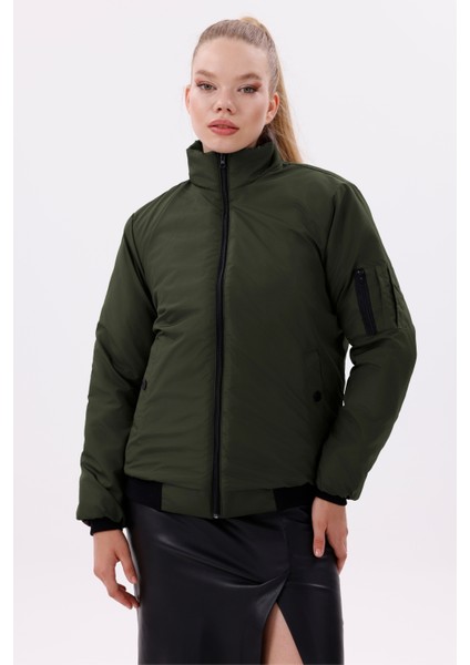 Kadın Haki Astarlı Dik Yaka Mevsimlik Su ve Rüzgar Geçirmez Mont FM-505-K