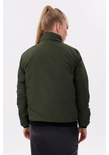 Kadın Haki Astarlı Dik Yaka Mevsimlik Su ve Rüzgar Geçirmez Mont FM-505-K