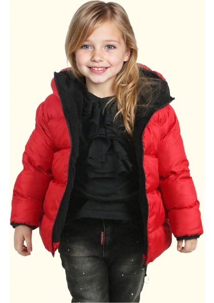 Kız Çocuk Kırmızı Içi Polarlı Kapüşonlu Su Geçirmez Rüzgara Dayanıklı Şişme Kışlık Mont & Kaban