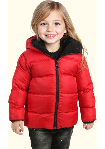 Kız Çocuk Kırmızı Içi Polarlı Kapüşonlu Su Geçirmez Rüzgara Dayanıklı Şişme Kışlık Mont & Kaban