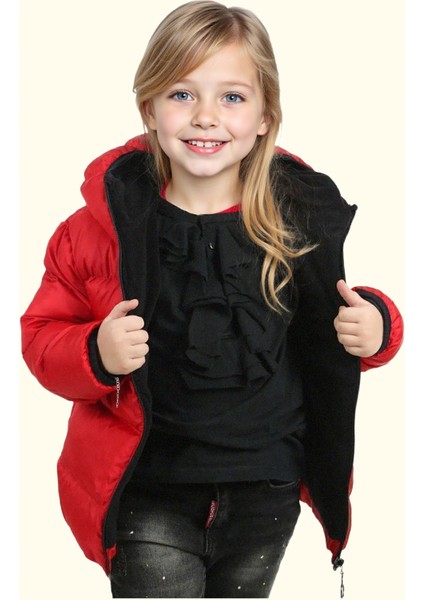 Kız Çocuk Kırmızı Içi Polarlı Kapüşonlu Su Geçirmez Rüzgara Dayanıklı Şişme Kışlık Mont & Kaban