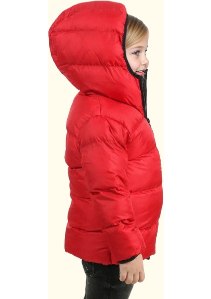 Kız Çocuk Kırmızı Içi Polarlı Kapüşonlu Su Geçirmez Rüzgara Dayanıklı Şişme Kışlık Mont & Kaban