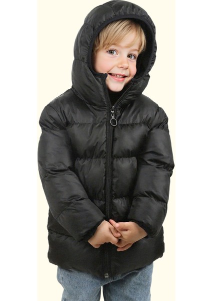 Erkek Çocuk Siyah Içi Polarlı Kapüşonlu Su Geçirmez Rüzgara Dayanıklı Şişme Kışlık Mont & Kaban