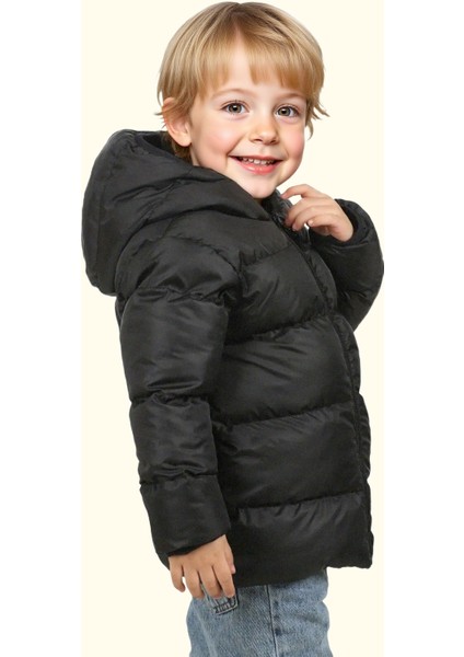 Erkek Çocuk Siyah Içi Polarlı Kapüşonlu Su Geçirmez Rüzgara Dayanıklı Şişme Kışlık Mont & Kaban