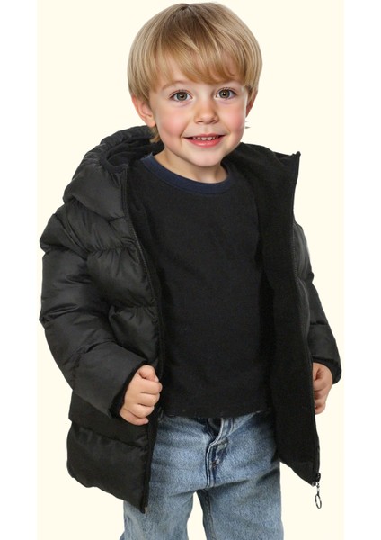Erkek Çocuk Siyah Içi Polarlı Kapüşonlu Su Geçirmez Rüzgara Dayanıklı Şişme Kışlık Mont & Kaban