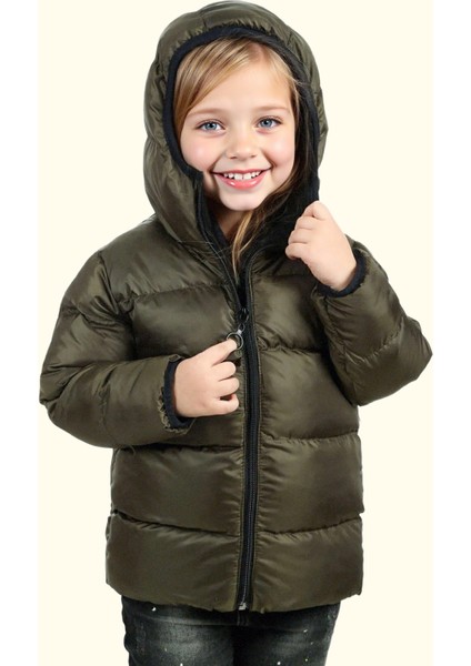 Kız Çocuk Haki Içi Polarlı Kürklü Kapüşonlu Su Geçirmez Rüzgara Dayanıklı Şişme Kışlık Mont Kaban