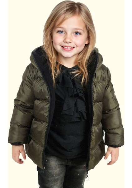 Kız Çocuk Haki Içi Polarlı Kürklü Kapüşonlu Su Geçirmez Rüzgara Dayanıklı Şişme Kışlık Mont Kaban