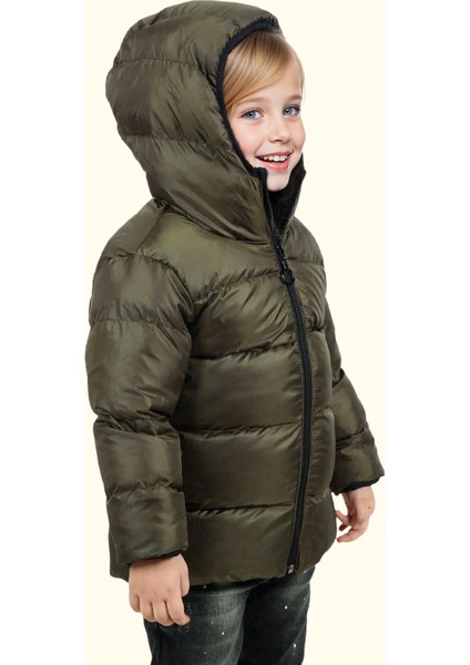 Kız Çocuk Haki Içi Polarlı Kürklü Kapüşonlu Su Geçirmez Rüzgara Dayanıklı Şişme Kışlık Mont Kaban