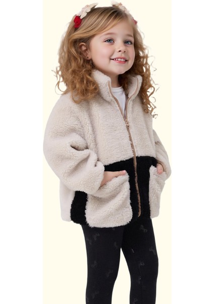 Kız Çocuk Peluş Ekru Siyah Fermuarlı Welsoft Kışlık Mont Fmç-K-Peluş