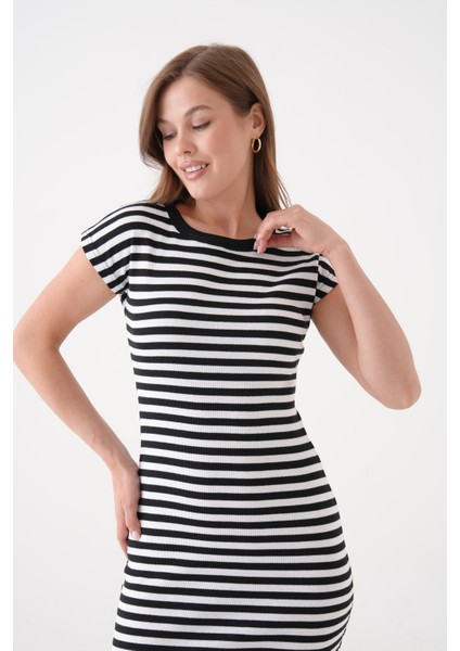 Kadın Çizgili Spor Şık Siyah Beyaz Casual Midi Boy Elbise fiyatları
