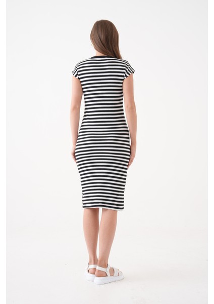 Kadın Çizgili Spor Şık Siyah Beyaz Casual Midi Boy Elbise modelleri