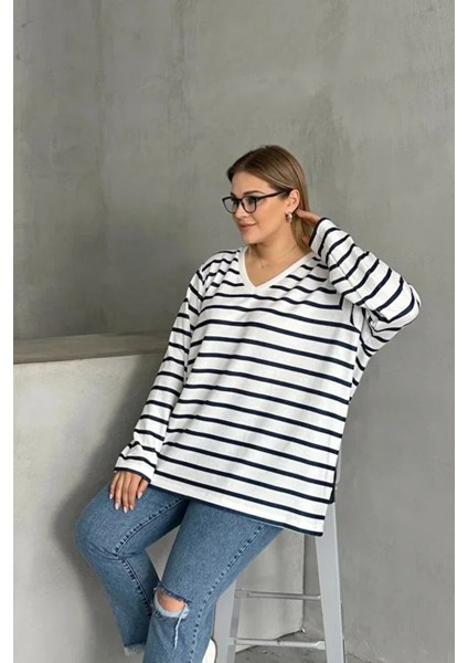 Kadın V Yaka Büyük Beden Oversize Kalıp Geniş Tunik Boy Yırtmaçlı Çizgili Uzun Kol Curve Yumoş Bluz fiyatları