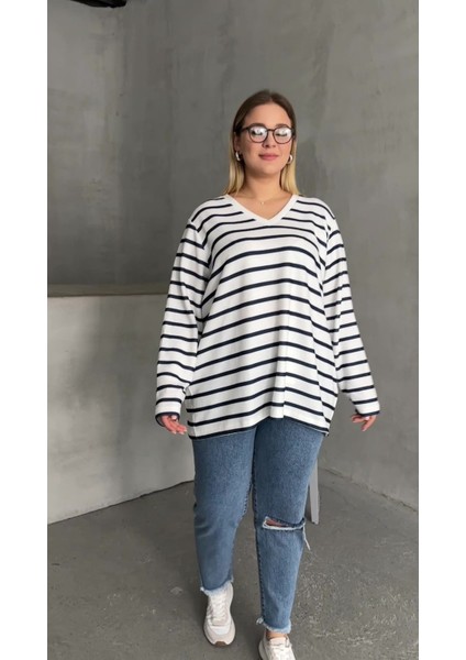 Kadın V Yaka Büyük Beden Oversize Kalıp Geniş Tunik Boy Yırtmaçlı Çizgili Uzun Kol Curve Yumoş Bluz modelleri