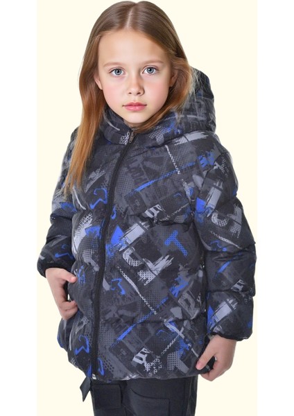 Kız Çocuk Saks Antrasit Dijital Desen Içi Polar Su ve Rüzgar Geçirmez Kapüşonlu Şişme Kışlık Mont