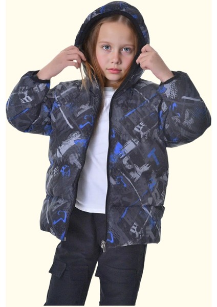 Kız Çocuk Saks Antrasit Dijital Desen Içi Polar Su ve Rüzgar Geçirmez Kapüşonlu Şişme Kışlık Mont
