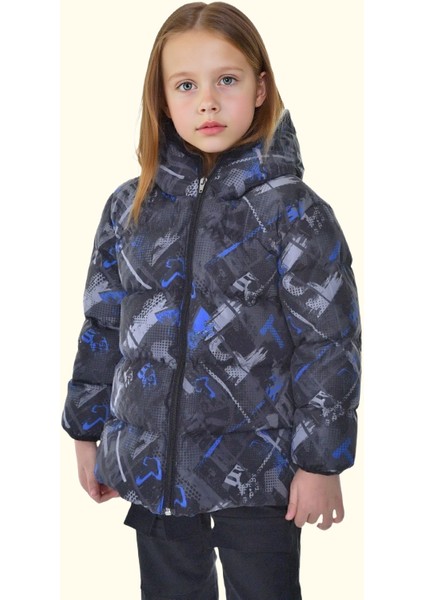 Kız Çocuk Saks Antrasit Dijital Desen Içi Polar Su ve Rüzgar Geçirmez Kapüşonlu Şişme Kışlık Mont