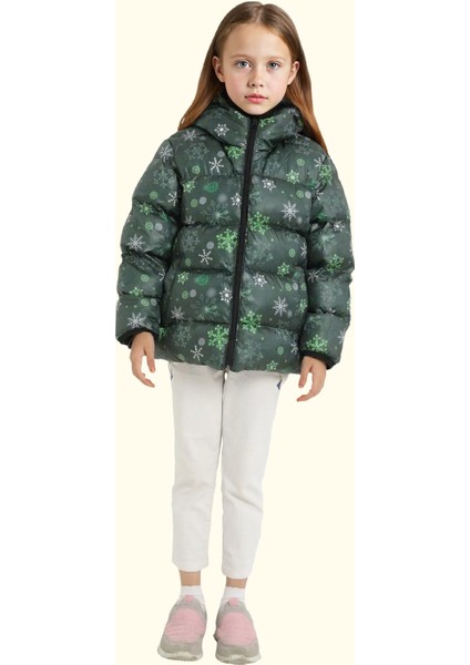 Kız Çocuk Yeşil Kar Tanesi Desen Içi Polar Su ve Rüzgar Geçirmez Kapüşonlu Cepli Şişme Kışlık Mont