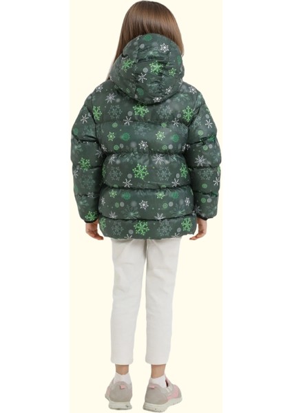 Kız Çocuk Yeşil Kar Tanesi Desen Içi Polar Su ve Rüzgar Geçirmez Kapüşonlu Cepli Şişme Kışlık Mont