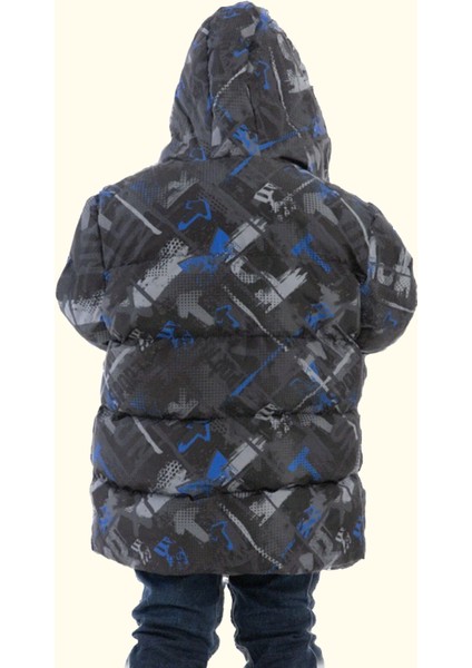 Erkek Çocuk Saks Antrasit Dijital Desen Içi Polar Su ve Rüzgar Geçirmez Kapüşonlu Şişme Kışlık Mont