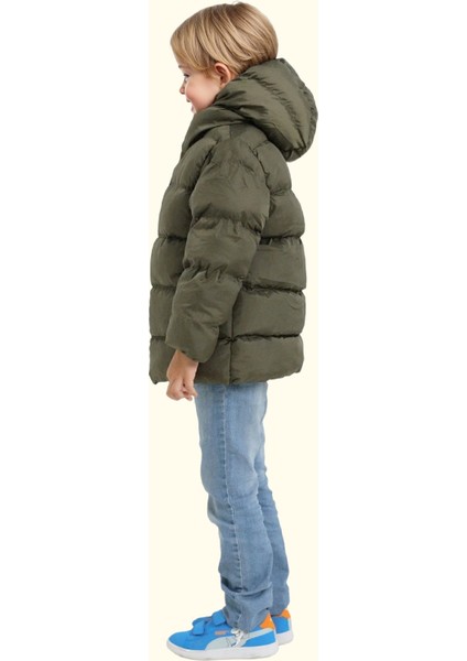 Erkek Çocuk Haki Içi Polarlı Kürklü Kapüşonlu Su Geçirmez Rüzgara Dayanıklı Cepli Şişme Kışlık Mont