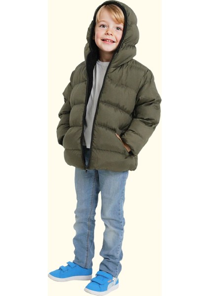 Erkek Çocuk Haki Içi Polarlı Kürklü Kapüşonlu Su Geçirmez Rüzgara Dayanıklı Cepli Şişme Kışlık Mont