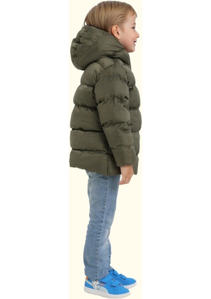 Erkek Çocuk Haki Içi Polarlı Kürklü Kapüşonlu Su Geçirmez Rüzgara Dayanıklı Cepli Şişme Kışlık Mont