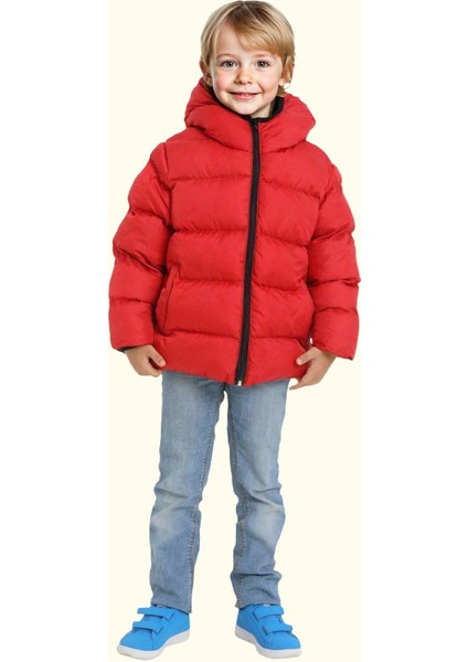 Erkek Çocuk Kırmızı Içi Polarlı Kapüşonlu Su Geçirmez Rüzgara Dayanıklı Cepli Şişme Kışlık Mont