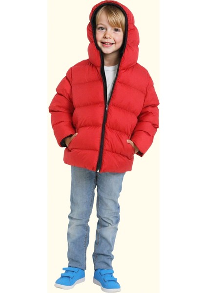 Erkek Çocuk Kırmızı Içi Polarlı Kapüşonlu Su Geçirmez Rüzgara Dayanıklı Cepli Şişme Kışlık Mont